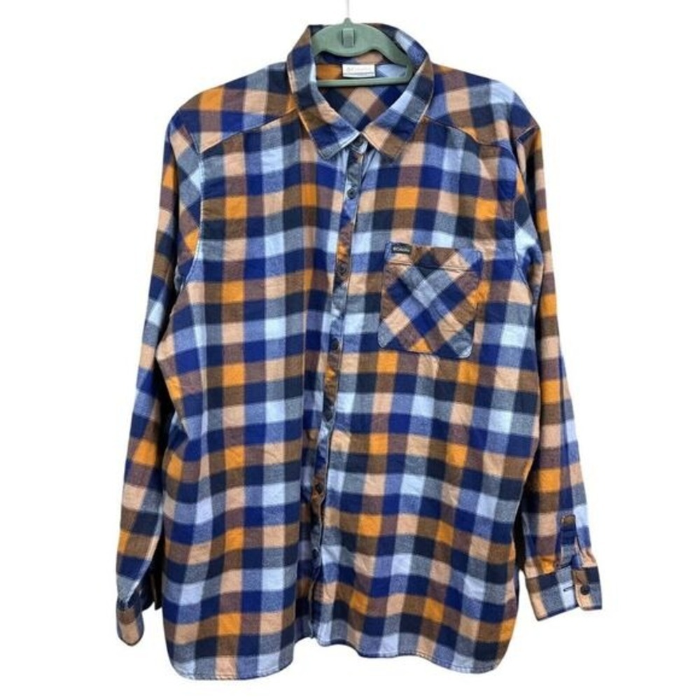 Columbia Mens Plaid Shirt Button Up Long Sleeve Pen Pocket Blue Orange Sz 2X*
